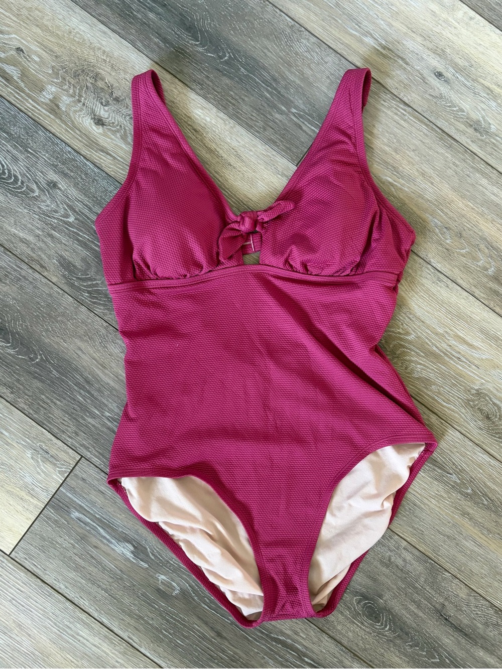 Kona Sol Raspberry Textured Tie Front One-Piece Swimsuit